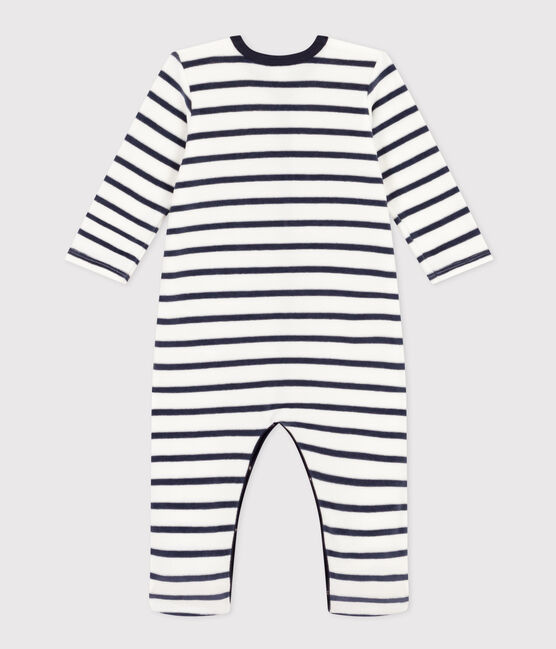 Gestreepte babypyjama van velours wit MARSHMALLOW/blauw SMOKING