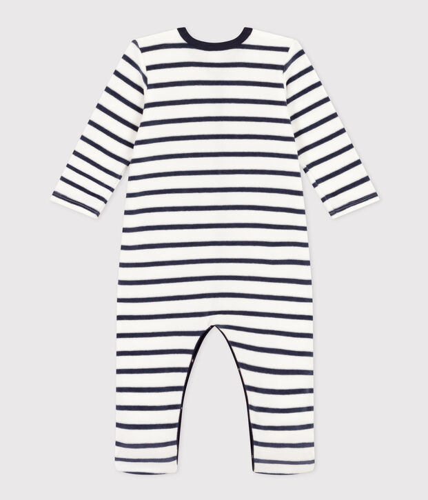 Gestreepte babypyjama van velours wit/blauw