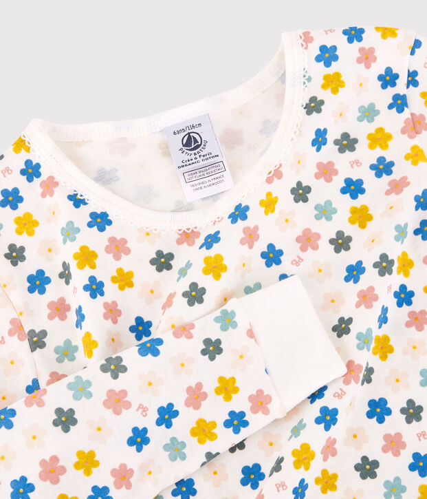 Pyjama snugfit fleurs r&eacute;tro phosphorescent petite fille en coton blanc/multicouleur
