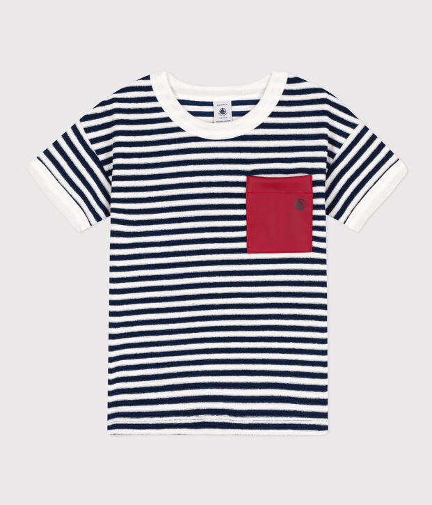 Tee-shirt ray&eacute; en bouclette &eacute;ponge enfant gar&ccedil;on bleu/blanc