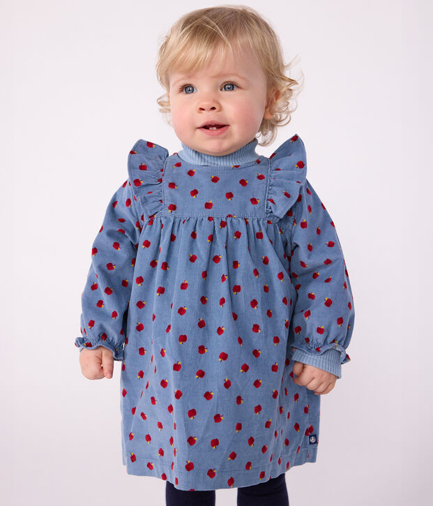 Robe b&eacute;b&eacute; en velours c&ocirc;tel&eacute; manches longues imprim&eacute;e pommes bleu/multicouleur