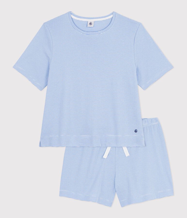 Pyjama short femme en coton &agrave; rayures bleu/blanc
