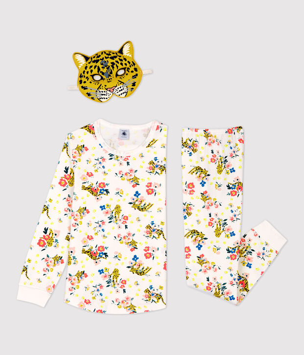 Katoenen meisjespyjama met glow in the dark panterprint wit/multicouleur