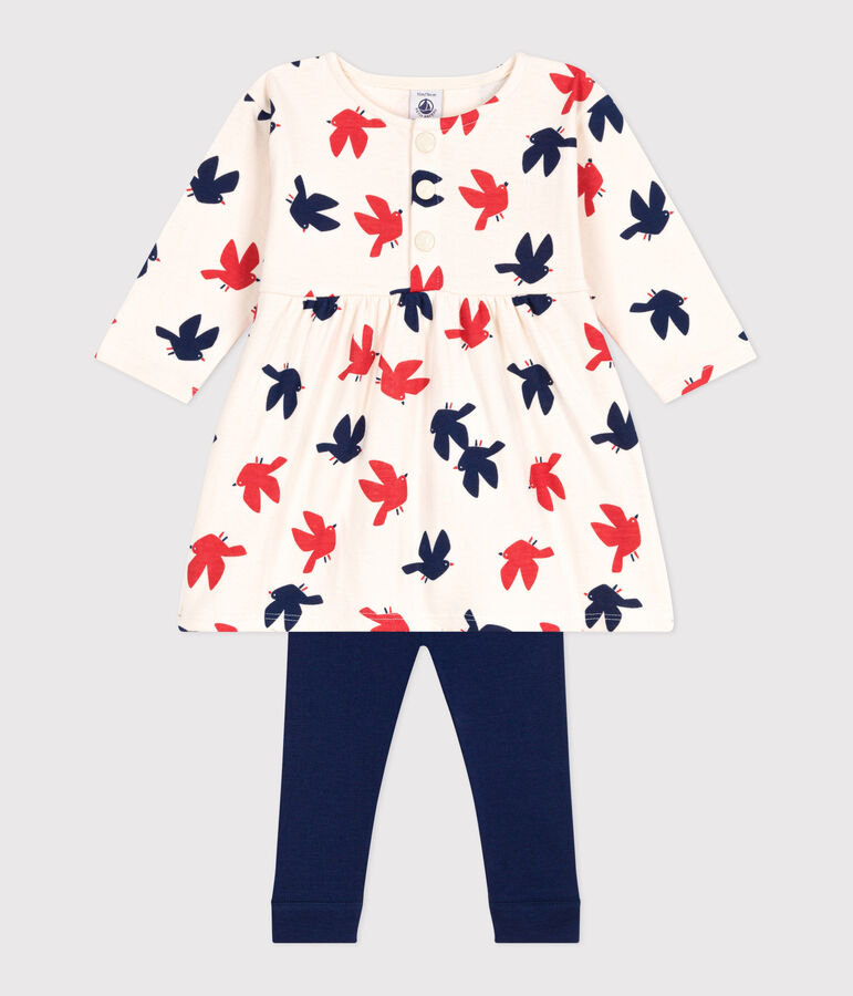 Robe b&eacute;b&eacute; en coton manches longues et legging, imprim&eacute;e oiseaux blanc AVALANCHE/ MULTICO