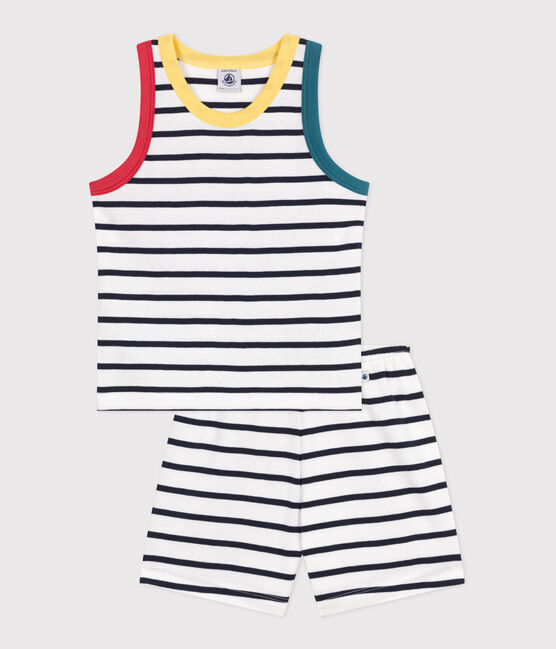 Pyjama short enfant en coton débardeur à rayures blanc MARSHMALLOW/bleu SMOKING
