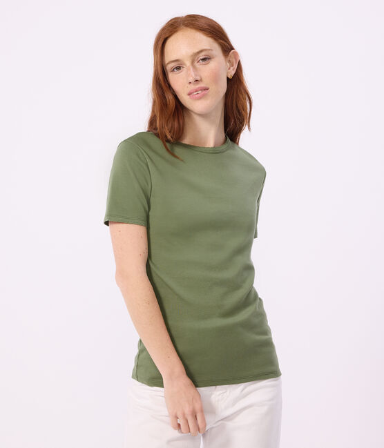 Dames-T-shirt van effen katoen met korte mouwen groen OLIVINE