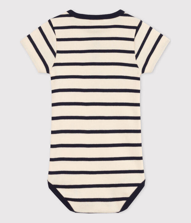 Body manches courtes b&eacute;b&eacute; en maille c&ocirc;tel&eacute;e ray&eacute;e &eacute;cru/bleu