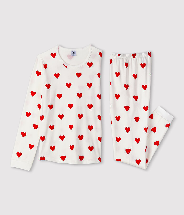 Kinderpyjama van ribtricot met hartjesprint wit/rood