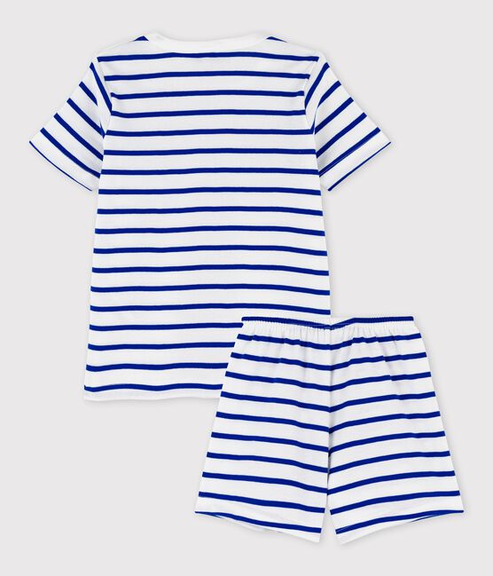 Korte katoenen gestreepte pyjama voor kleine jongens wit MARSHMALLOW/blauw SURF