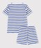 Korte katoenen gestreepte pyjama voor kleine jongens wit MARSHMALLOW/blauw SURF