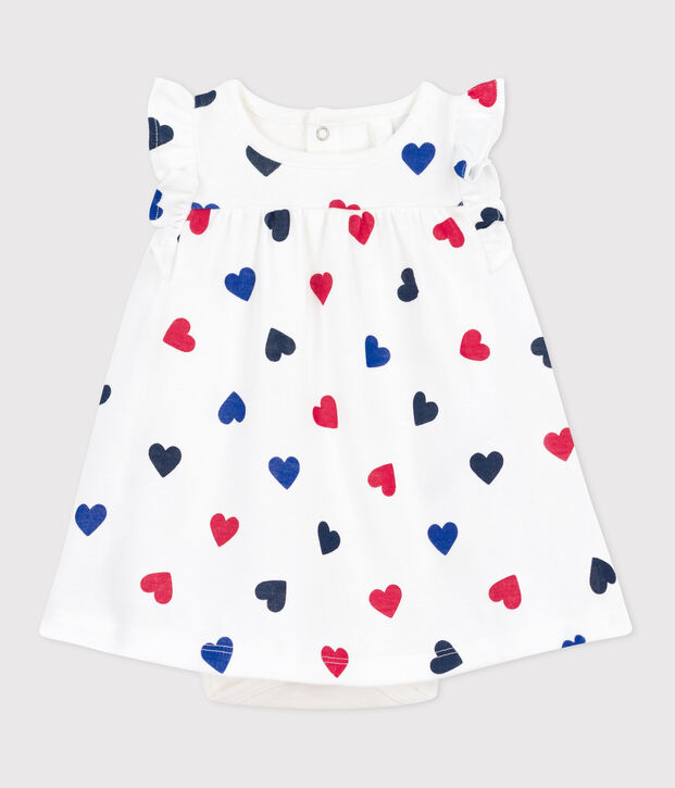 Katoenen babyjurk met korte mouwen en ge&iuml;ntegreerde body met driekleurig hartje wit/multicouleur