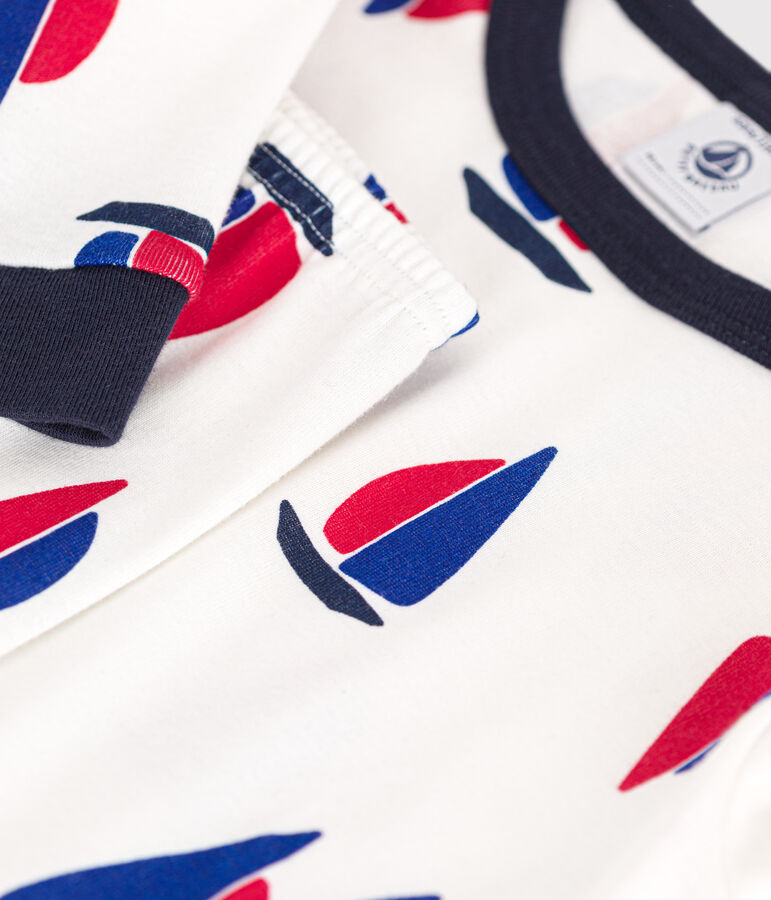 Aansluitende katoenen kinderpyjama met bootjesprint wit/multicouleur