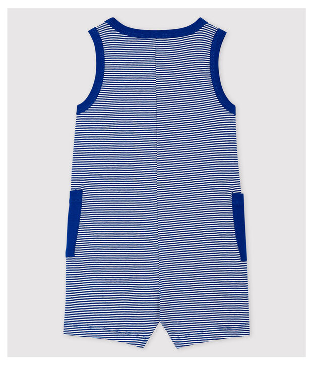 Korte gestreepte geribde jumpsuit voor babyjongens blauw/wit
