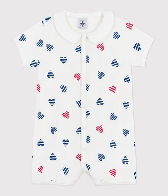 Combinaison courte bébé en coton avec col cœurs rayé blanc MARSHMALLOW/blanc MULTICO