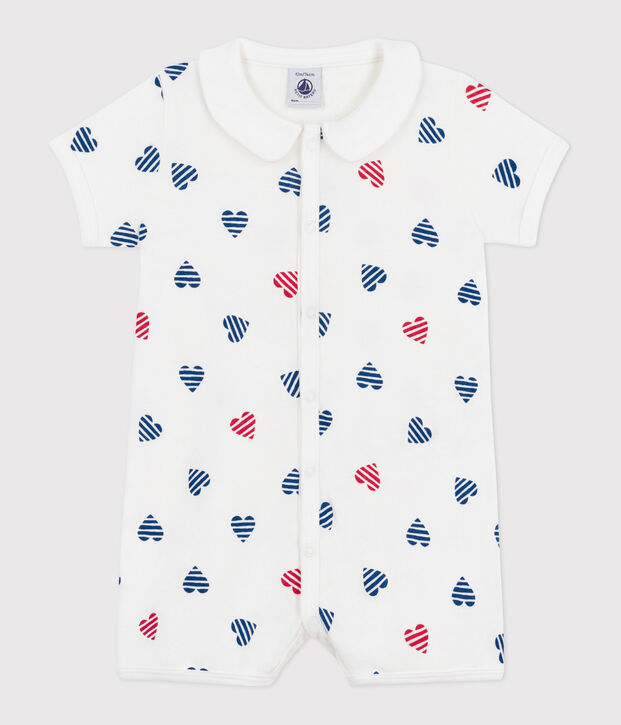 Korte playsuit van katoen met kraagje voor baby's met hartjesprint en strepen wit/multicouleur