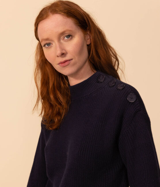 Katoenen trui in Engelse ribstof voor dames blauw SMOKING