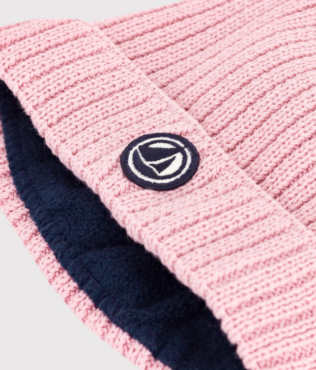 Gebreide babymuts met fleecevoering roze