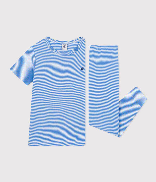 Pyjama en coton ray&eacute; enfant bleu/blanc