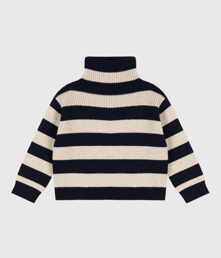 Pull en tricot de laine et coton enfant gar&ccedil;on bleu/&eacute;cru
