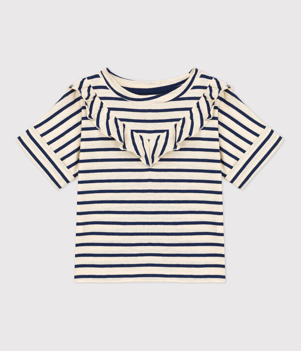 Katoenen T-shirt met korte mouwen voor meisjes ecru/blauw