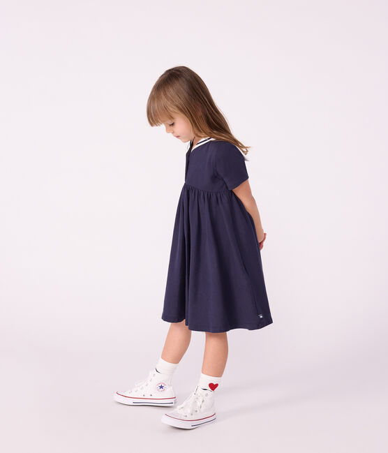 Effen katoenen kinderjurk met korte mouw blauw SMOKING
