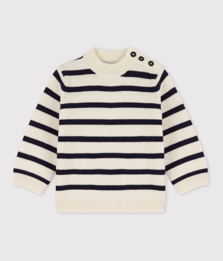 Pull b&eacute;b&eacute; en laine et coton ray&eacute; marini&egrave;re blanc/bleu