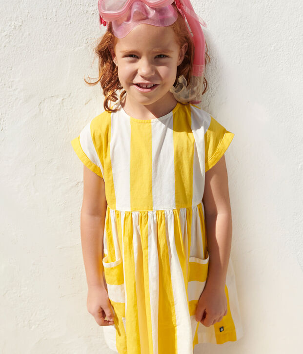 Robe enfant en coton manches courtes &agrave; rayures blanc/jaune