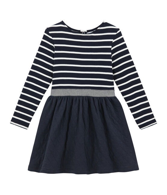 Gestreepte meisjesjurk in 2 stoffen blauw SMOKING/wit MARSHMALLOW