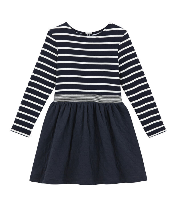 Robe enfant fille bi-mati&egrave;re ray&eacute;e bleu/blanc