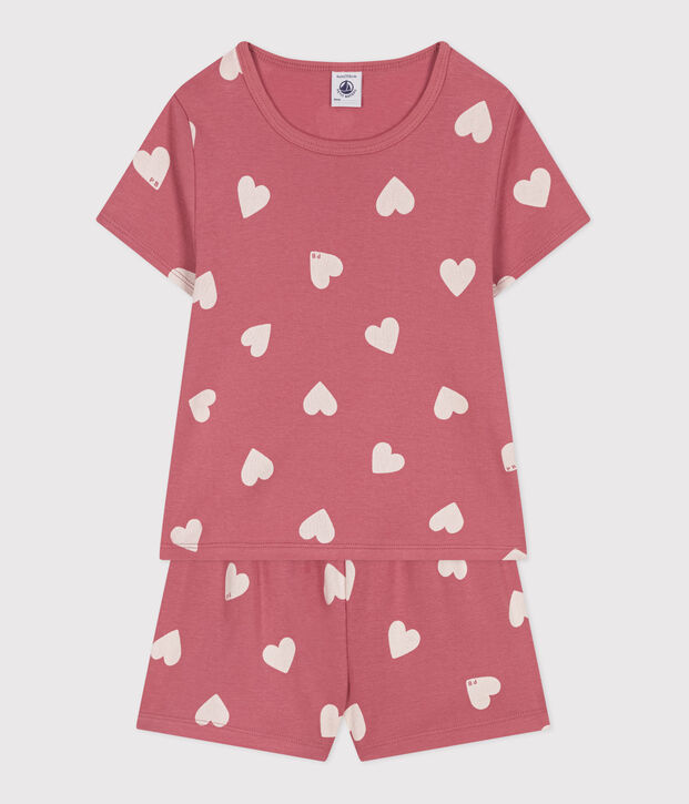 Pyjama short enfant en coton coeurs rose/blanc