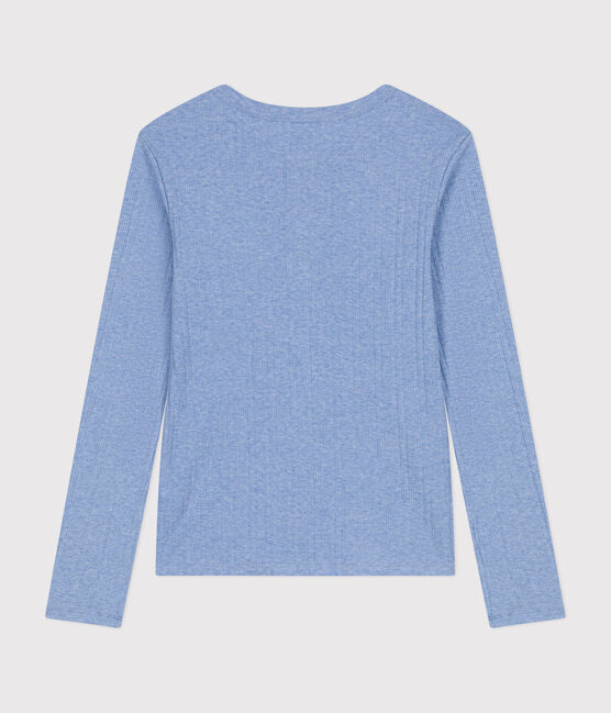Tee-shirt manches longues col tunisien en côte désaiguillée unie uni femme bleu SKY CHINE