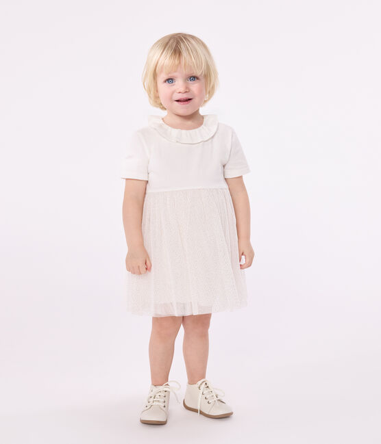 Babyjurkje van katoen en tule met korte mouwen en kraagje wit MARSHMALLOW/roze COPPER