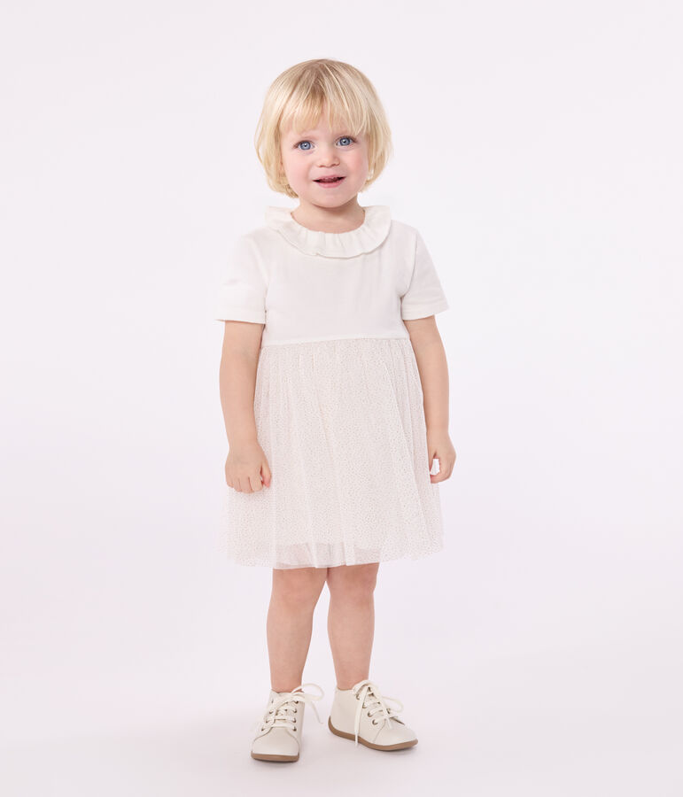 Robe b&eacute;b&eacute; en coton et tulle manches courtes et colerette blanc/rose