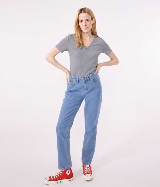 L'Iconique, gestreept katoenen T-shirt met V-hals voor dames blauw/wit