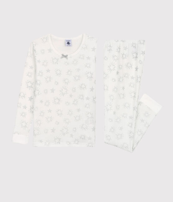 Katoenen snugfit meisjespyjama met glittersterrenprint wit MARSHMALLOW/wit MULTICO