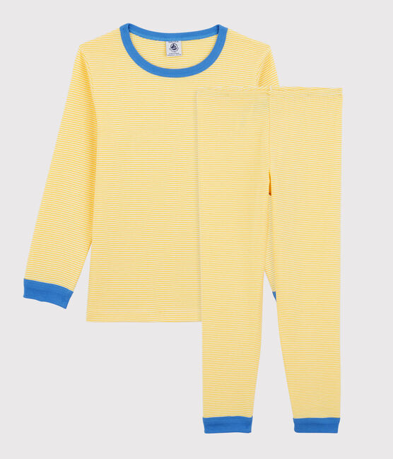 Gestreepte pyjama voor kleine meisjes/jongens in biokatoen geel ORGE/wit MARSHMALLOW