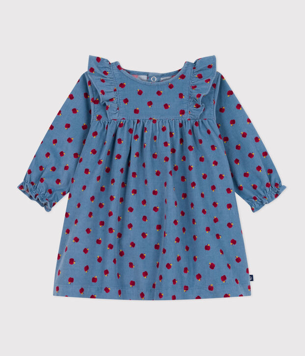 Robe b&eacute;b&eacute; en velours c&ocirc;tel&eacute; manches longues imprim&eacute;e pommes bleu/multicouleur