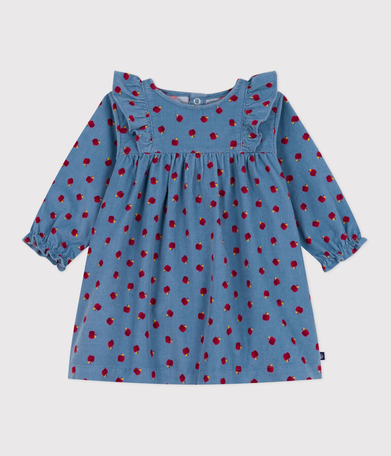 Robe b&eacute;b&eacute; en velours c&ocirc;tel&eacute; manches longues imprim&eacute;e pommes bleu/multicouleur