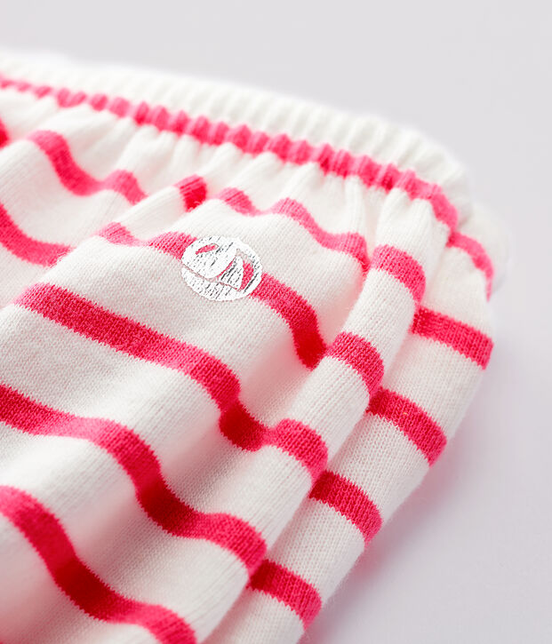 Culotte bloomer ray&eacute;e en coton b&eacute;b&eacute; fille. blanc/rose