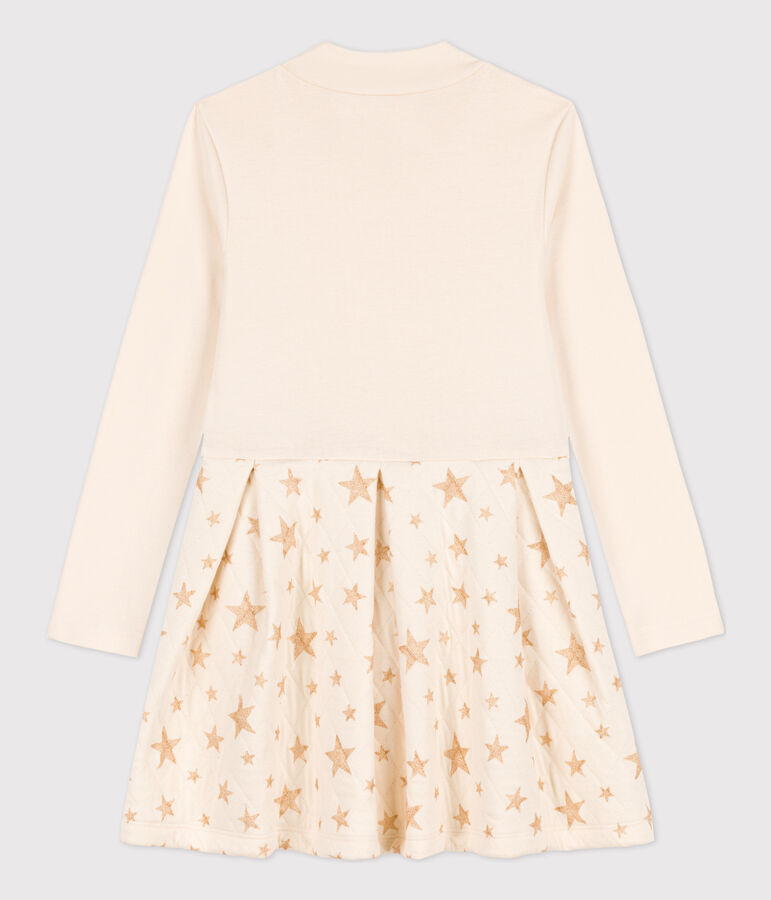 Meisjesjurk met lange mouwen in twee materialen ecru