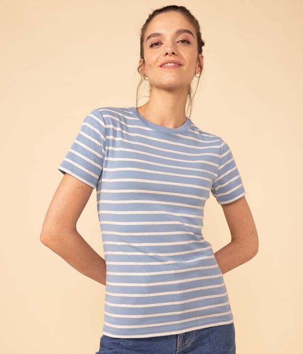 L'ICONIQUE, dames-T-shirt met ronde hals in katoen blauw/beige