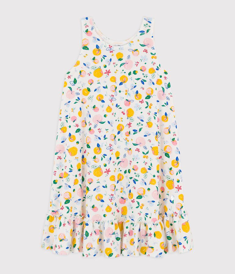 Mouwloze katoenen jurk voor meisjes wit MARSHMALLOW/wit MULTICO