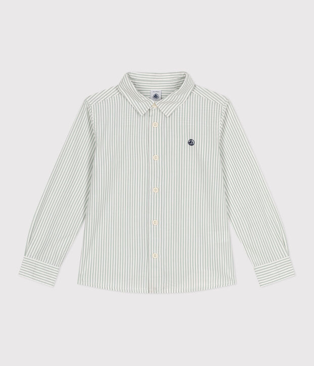 Chemise enfant en coton manches longues &agrave; rayures vert/blanc