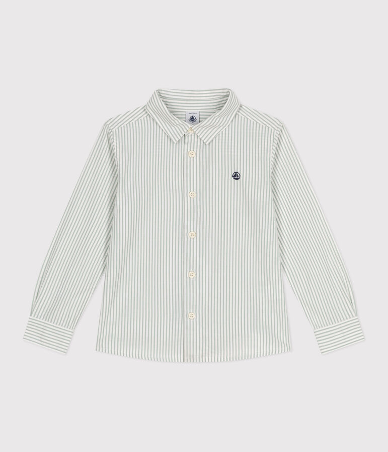 Chemise enfant en coton manches longues &agrave; rayures vert/blanc