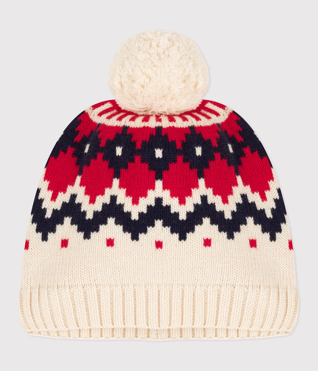 Wollen jacquardmuts voor kinderen ecru/multicouleur