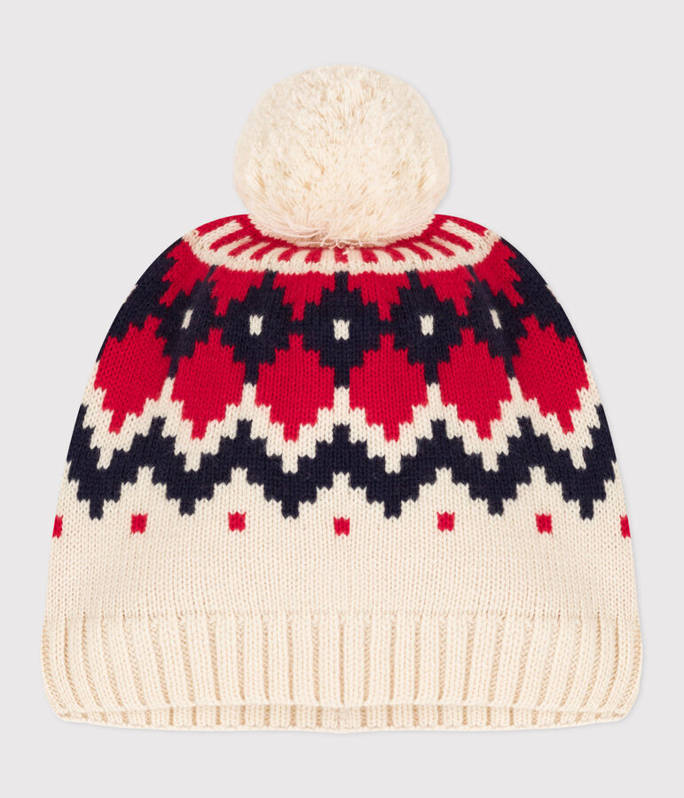 Bonnet jacquard en laine enfant gar&ccedil;on-fille &eacute;cru/multicouleur