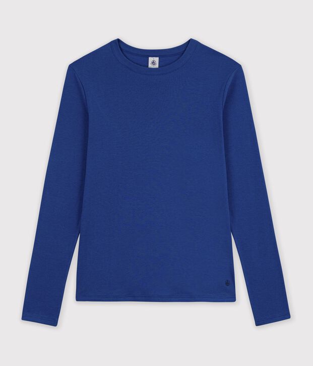 Tee-shirt femme en coton manches longue uni bleu