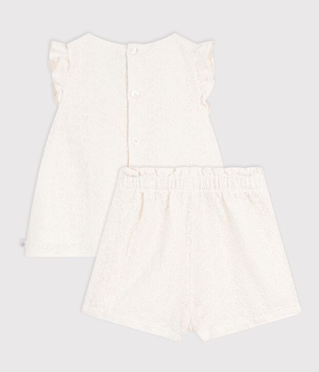 Ensemble b&eacute;b&eacute; 2 pi&egrave;ces en broderie anglaise, motif c&oelig;urs blanc