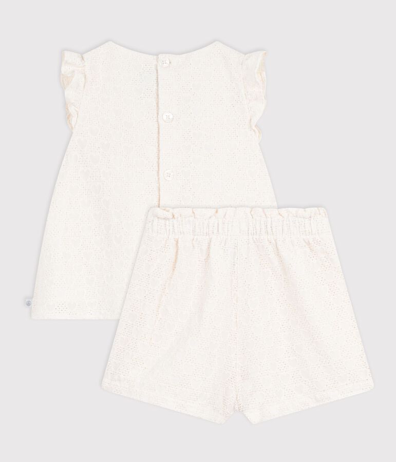 Tweedelig babysetje in broderie anglaise met hartjesmotief wit