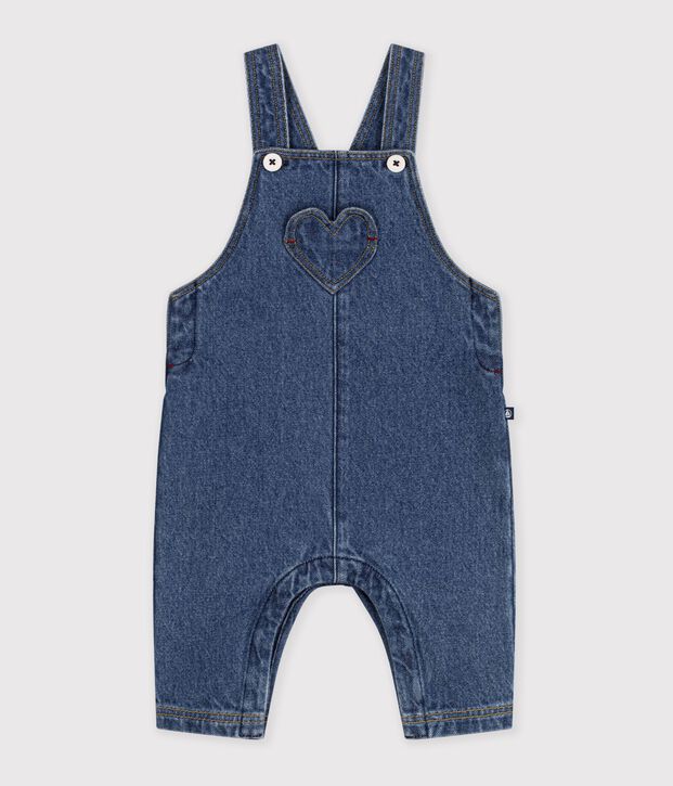 Salopette b&eacute;b&eacute; en jean jambes longues et poche c&oelig;ur bleu